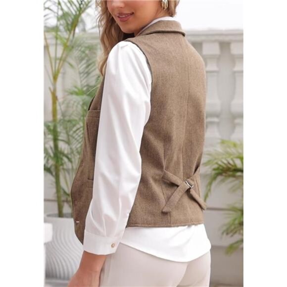 Womens Herringbone Tweed Waistcoat Lapel Sleeveless Blazers V Neck Work Office - Picture 5 of 7